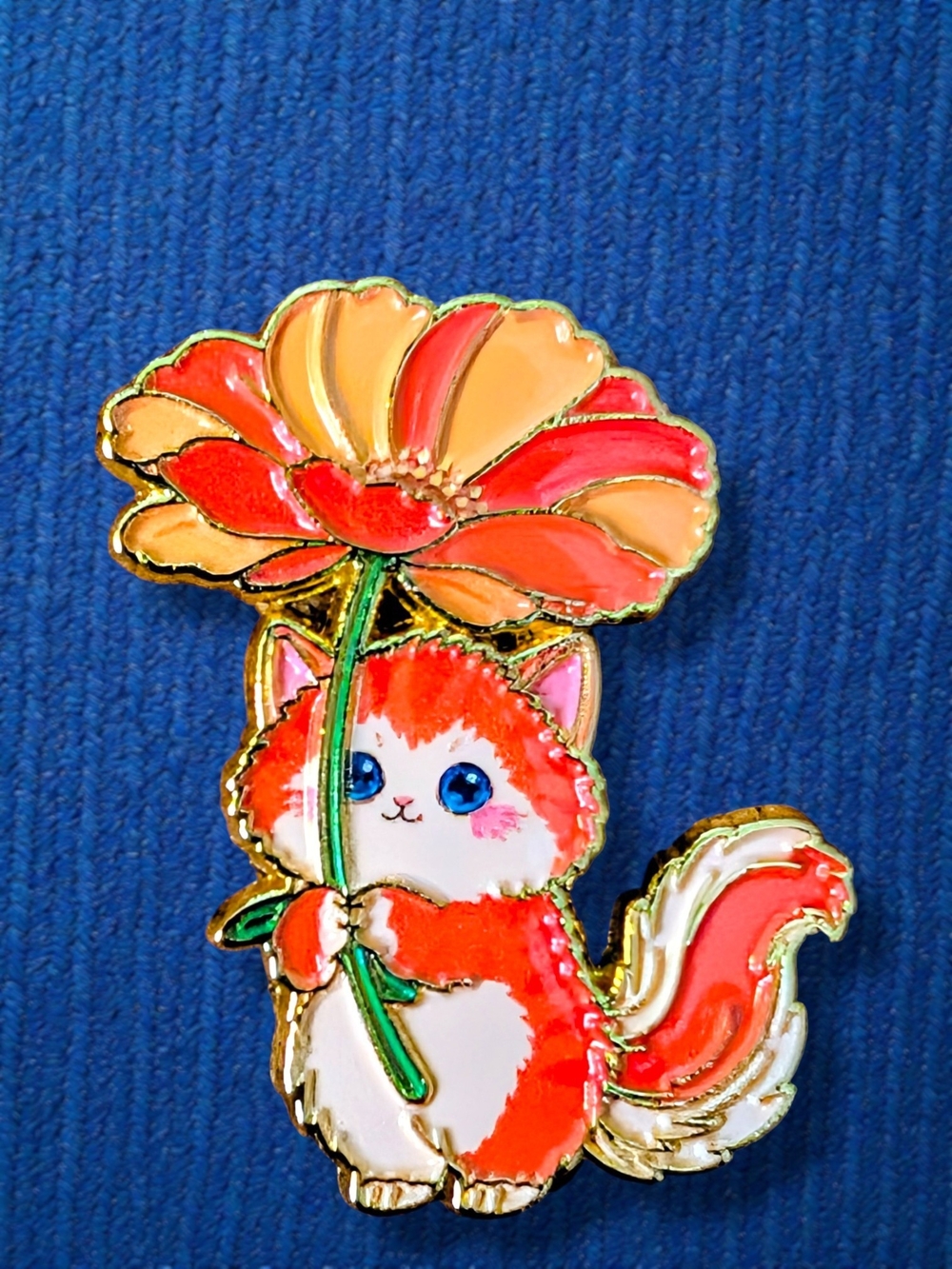 Cute Orange & White Cat Enamel Pin with Flower